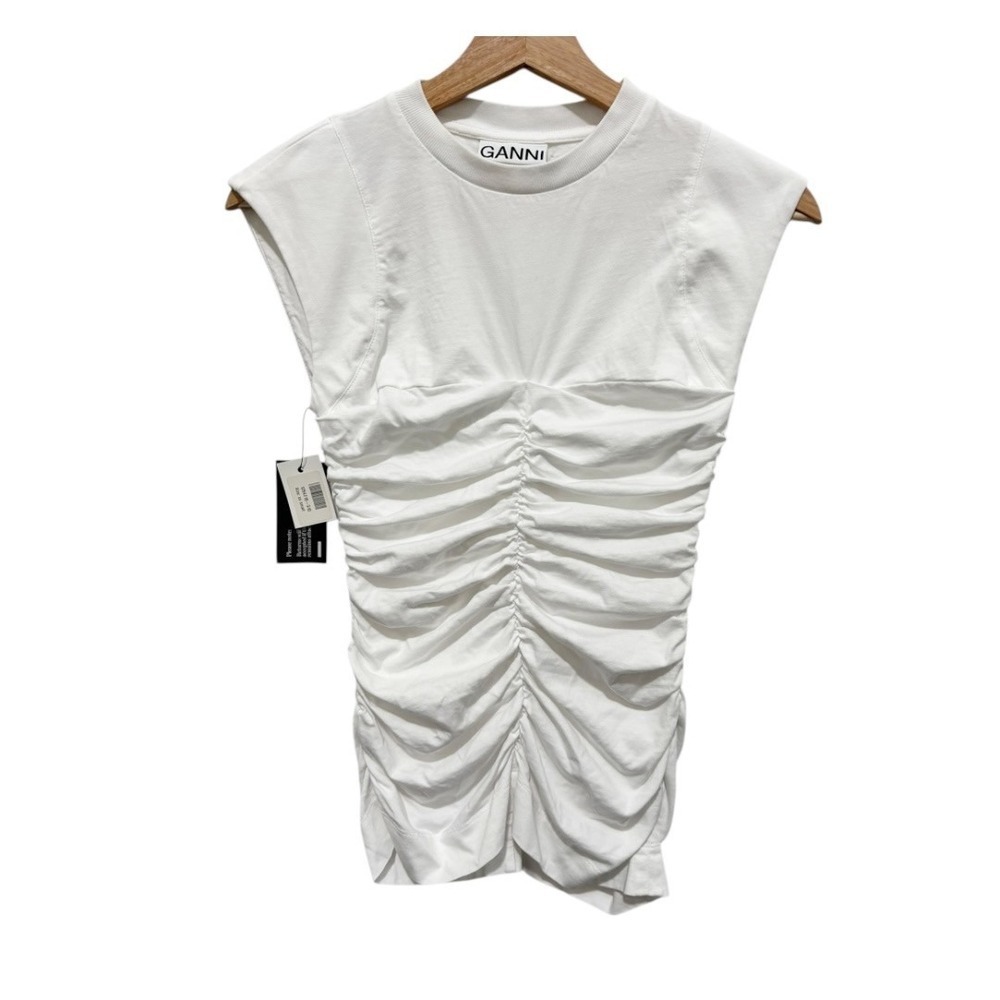 GANNI Ruched Organic Cotton Sleeveless Shirt White Size XXS